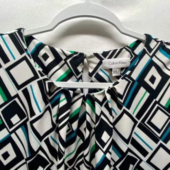 Calvin Klein Women’s Career Blouse Large Geometric Sleeveless Gathered Neck Tank - Picture 3 of 8